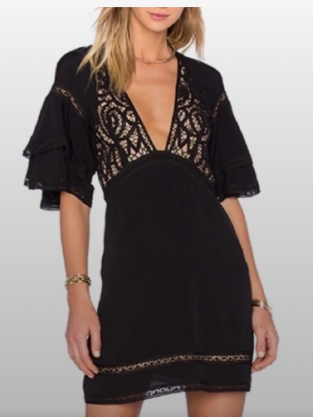 For Love & Lemons Black Cut-out Lace Mini Dress Deep V Plunge ruffle sleeve LBD